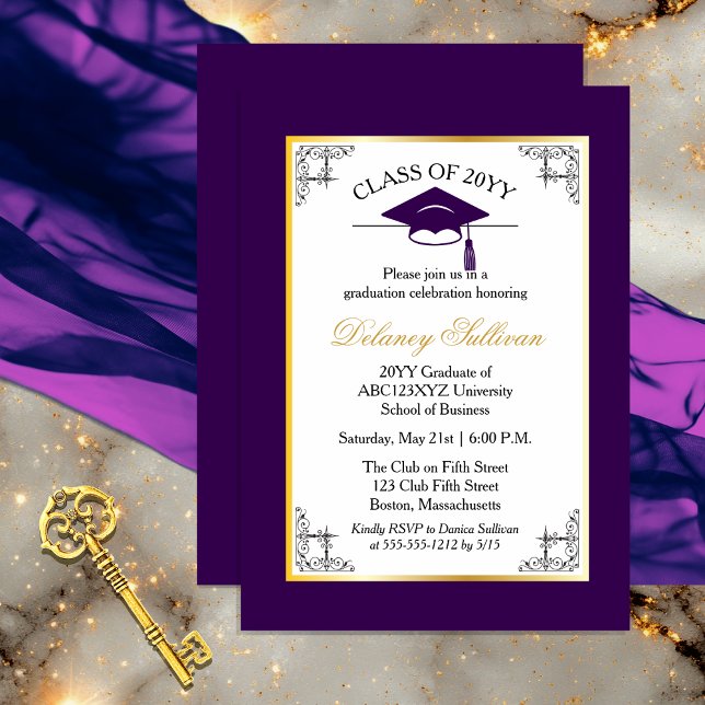Invitation Élégant Formal Purple College Graduation Party (Elegant Formal Gold Tone and Dark Purple College | University Graduation Party Invitation )