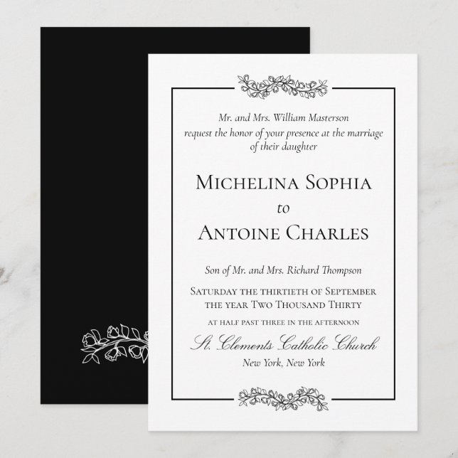 Invitation Élégant Formel Noir et Blanc | Mariage (Devant / Derrière)