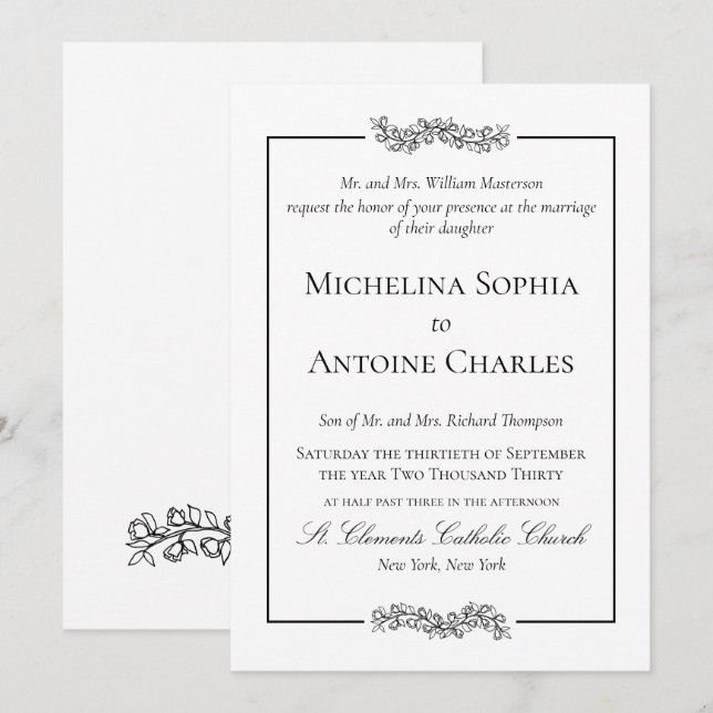 Invitation Élégant Formel Noir et Blanc | Mariage (Devant / Derrière)