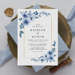 Invitation elegant frame blue floral wedding<br><div class="desc">blue flowers with a gold frame and a dusty back color.
You can change the wording,  text size,  colors and font on this template.</div>
