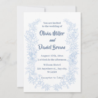 Invitation Élégant Français Vintage bleu Mariage floral