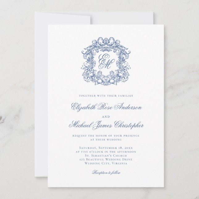 Invitation Elegant French Blue Monogram Crest Wedding (Devant)