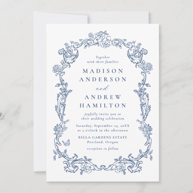 Invitation Elegant French Blue Victorian Floral Frame Wedding (Devant)
