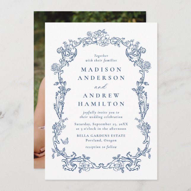 Invitation Elegant French Blue Victorian Floral Photo Wedding (Devant / Derrière)