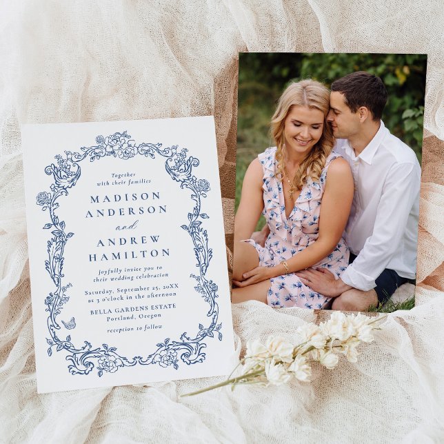 Invitation Elegant French Blue Victorian Floral Photo Wedding (Créateur téléchargé)
