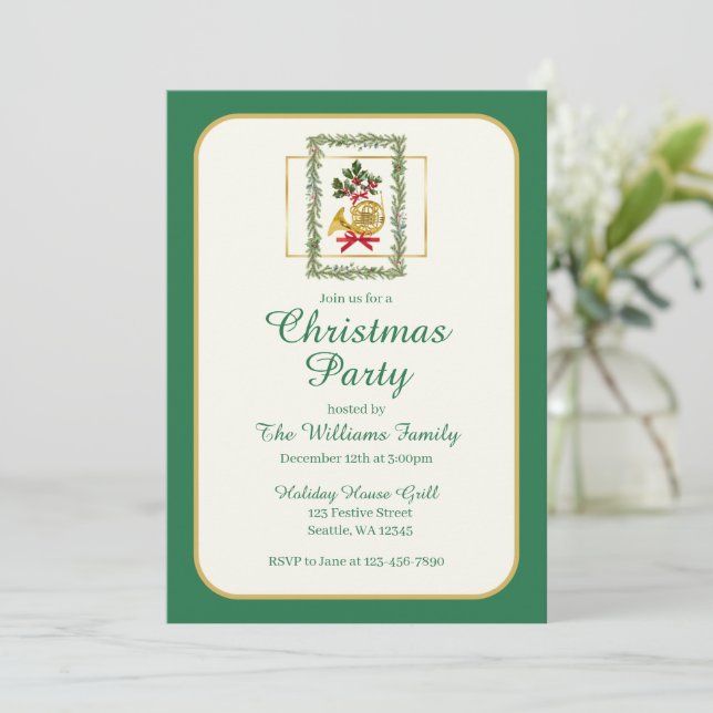 Invitation Elegant French Horn Christmas Green (Debout devant)