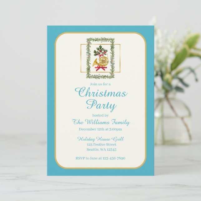 Invitation Elegant French Horn Christmas Turquoise (Debout devant)