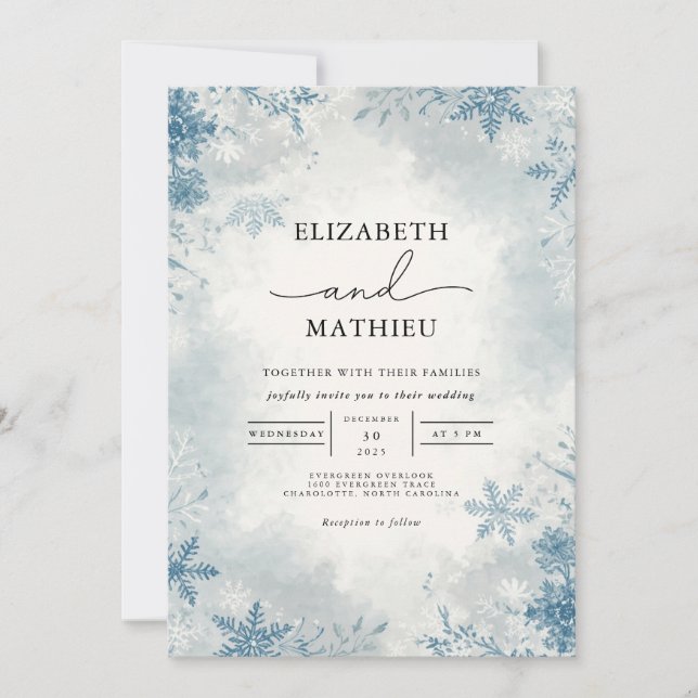 Invitation Elégant Frost Blue Winter Botanique Mariage (Devant)