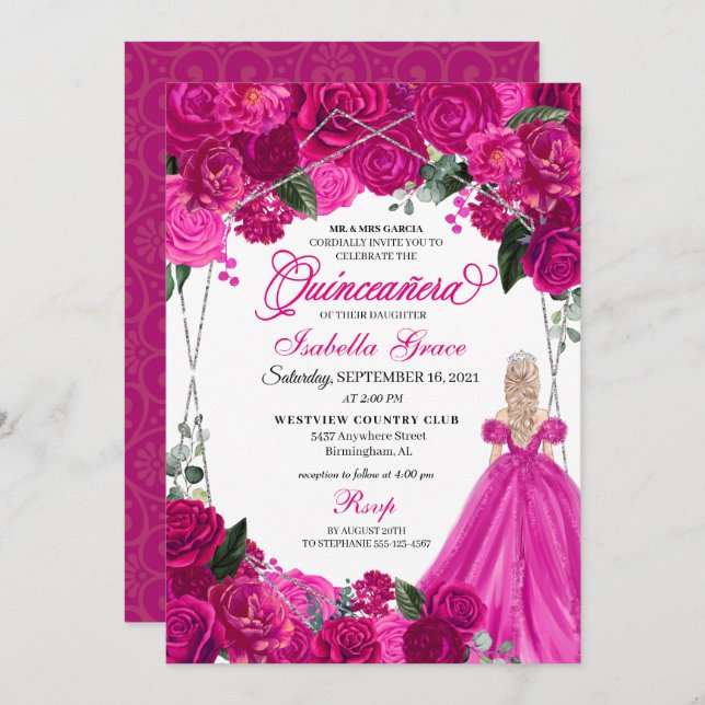 Invitation Elégant Fuchsia Pink Silver Floral Quinceanera Inv (Devant / Derrière)