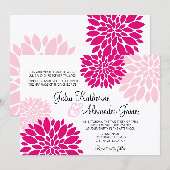 Invitation Élégant Fuchsia Rose Blush Floral Burst Mariage (Devant / Derrière)