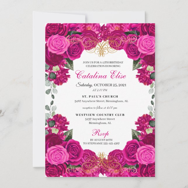 Invitation Elégant Fuchsia rose Floral Quinceanera Anniversai (Dos)