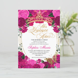 Invitation Elégant Fuchsia rose Floral Quinceanera Anniversai