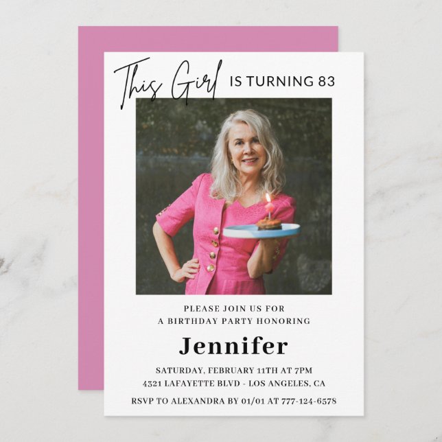 Invitation Elégant Fun Pink Photo 83e anniversaire (Devant / Derrière)