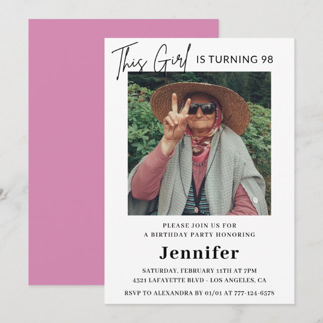 Invitation Élégant Fun Pink Photo 98e anniversaire (Devant / Derrière)