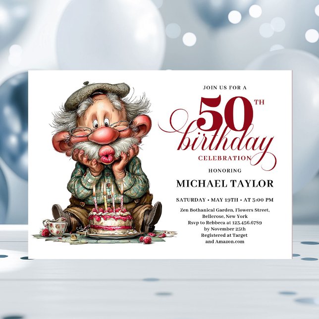 Invitation Elegant Funny Man 50th Birthday Humor Cartoon  (funny man 50th birthday, 
trendy colors burgundy red, 
party invitation,
whimsical humor,
quirky, 
p)