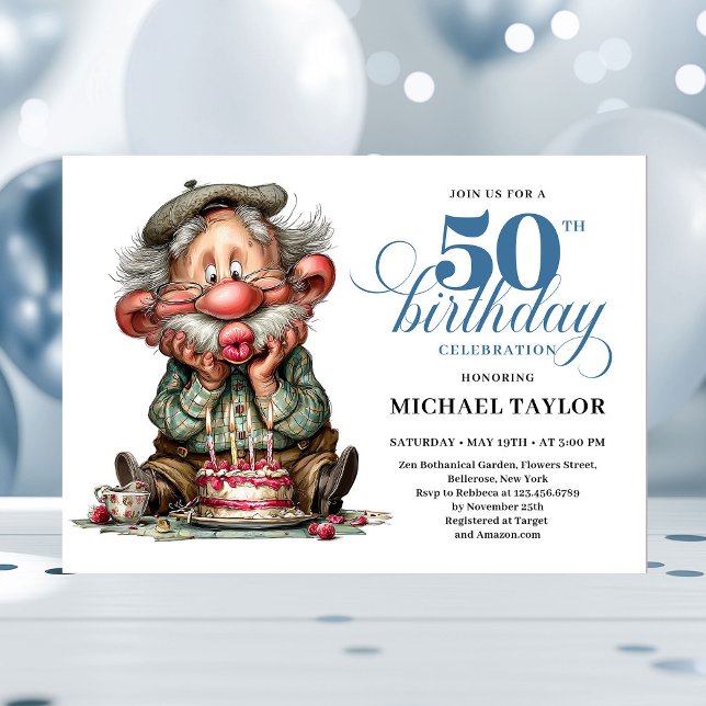 Invitation Elegant Funny Man 50th Birthday Humor Cartoon  (Funny Bold Man Turning 50 Quirky Birthday Invite)
