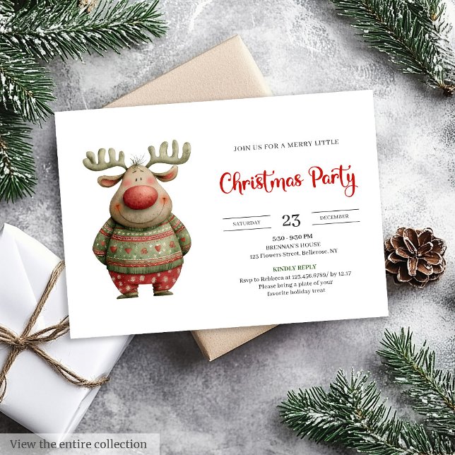 Invitation Elegant Funny Reindeer red green holiday card (Elegant Funny Reindeer red green holiday card)