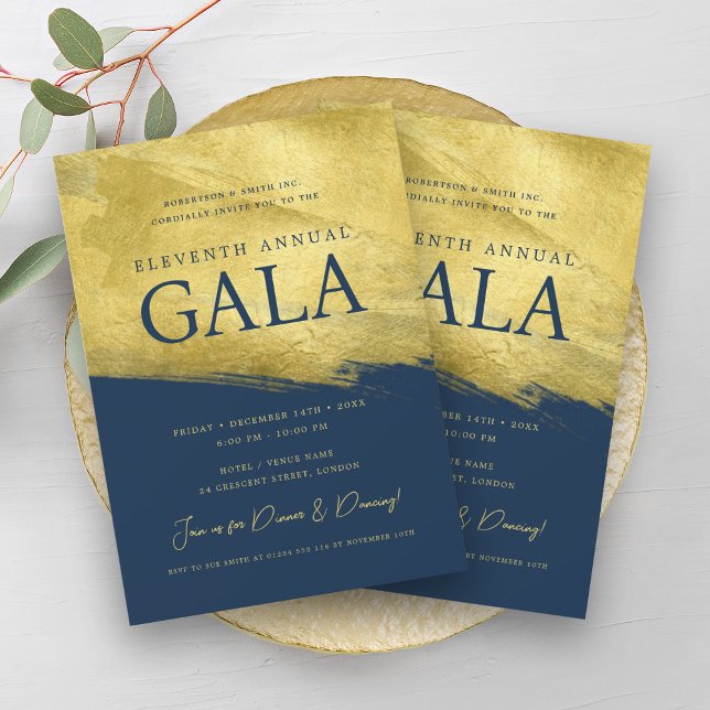 Invitation Elegant GALA Entreprise Business Gold Brush Marine (Elegant GALA Company Business Gold Brush Navy Blue Invitation)