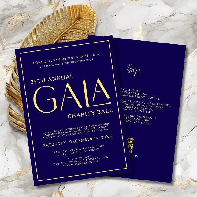 Invitation Élégant Gala événement Charity collecte de fonds B (Elegant Gala Event Charity Fundraiser Blue and Gold Invitation with QR Code, RSVP on Back.
)