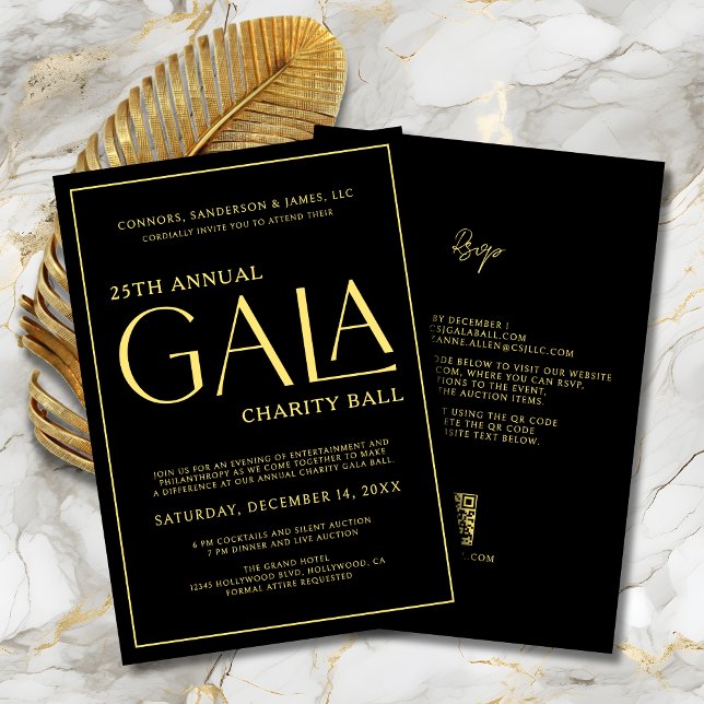 Invitation Élégant Gala événement Charity collecte de fonds B (Elegant Gala Event Charity Fundraiser Black and Gold Invitation with QR Code and RSVP on Back.
)