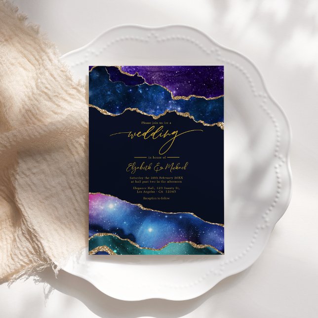 Invitation Élégant Galaxie Bleu, Violet & Agate Code QR Or (Elegant Galaxy Blue, Purple & Gold Agate QR Code Invitation)