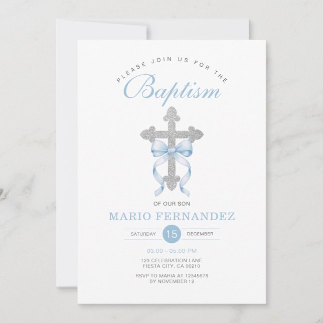 Invitation Élégant garçon Baptême Blue Bow Parties scintillan (Devant)