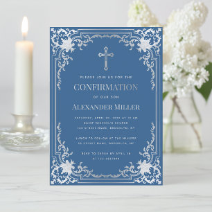 Invitation Elégant Garçon Confirmation Classic Blue Faux Arge