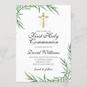 Invitation Élégant Garçon moderne Première Communion Verdure
