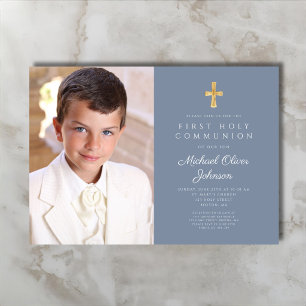 Invitation Élégant Garçon Photo Bleu Poussiéreux Première Com