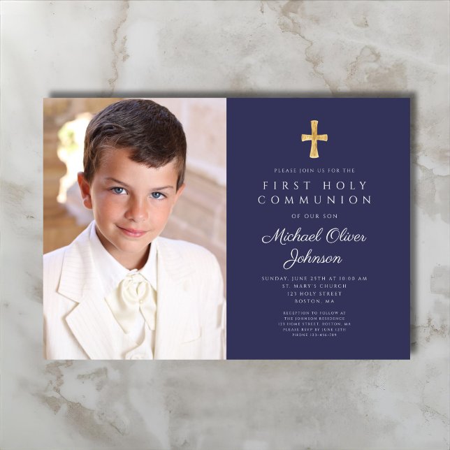 Invitation Élégant Garçon Photo Première Communion Bleu Nuit (Elegant Navy Blue Photo Boy First Communion Invitation)