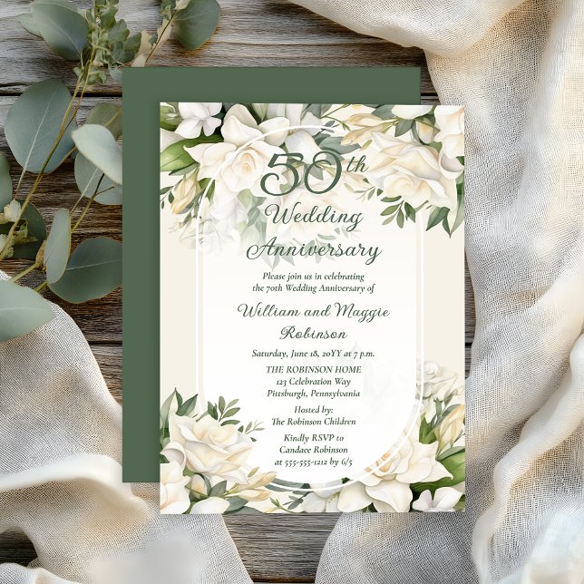 Invitation Elégant Gardenia Floral 50e anniversaire de Mariag (Elegant Gardenia Floral 50th Wedding Anniversary Invitation - Print | Digital Download)