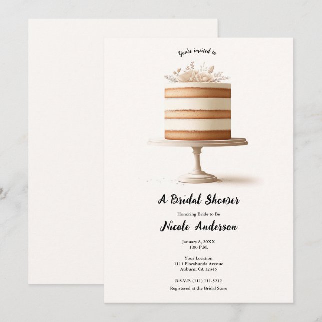 Invitation Élégant Gâteau Blanc Fleurs Mariage Cérémonie (Devant / Derrière)