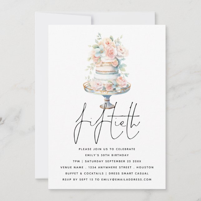 Invitation Élégant gâteau Dusty Peach Script 50e anniversaire (Devant)