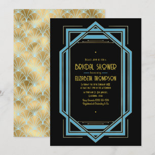Invitation Élégant Gatsby Art Déco Bleu & Or Baby Shower
