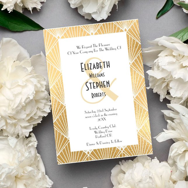Invitation Elégant Gatsby Art Déco Mariage blanc & or (Créateur téléchargé)