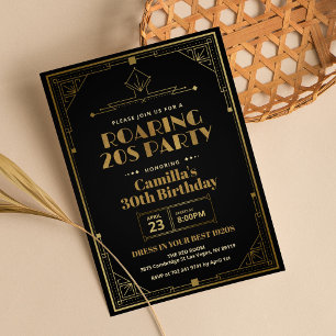 Invitation Elégant Gatsby Art Déco Roaring 20s Black Gold