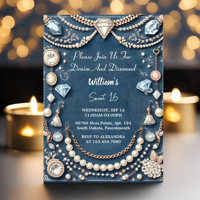 Invitation Élégant Gem Bling Denim Et Diamonds Sweet 16 (Créateur téléchargé)