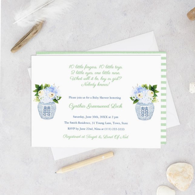 Invitation Elégant genre Poème inconnu Parti Baby shower (Preppy Poem Gender Neutral Green And White Baby Shower Invitation)