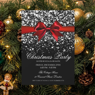 Invitation Élégant Glam Argent Ruban Rouge Soirée de Noël