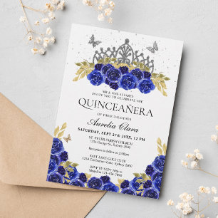 Invitation Elégant Glam bleu Floral Argent Tiara Quinceanera