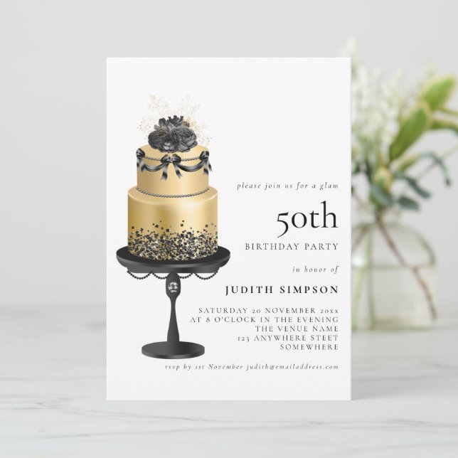 Invitation Élégant Glam Cake Florals Gold Black 50e anniversa (Debout devant)