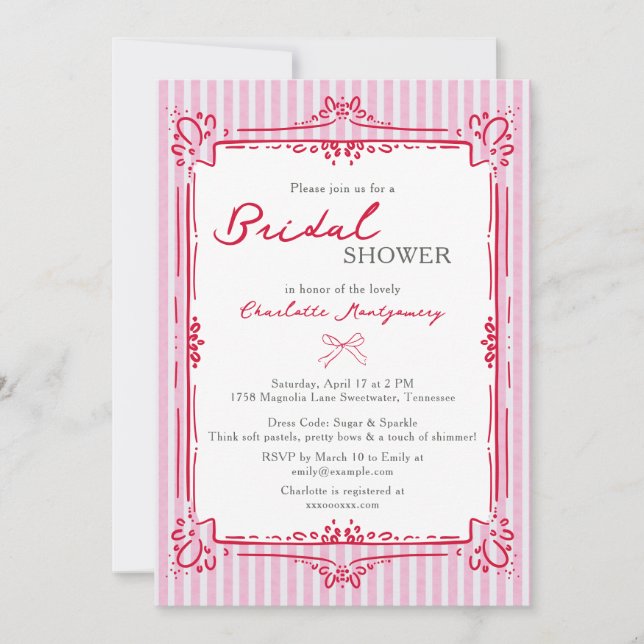 Invitation Elegant Glam Frame & Pink Stripes Bridal Shower (Devant)