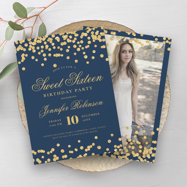 Invitation Elégant Glam Gold Navy Confetti Photo Sweet 16 (Elegant Glam Gold Navy Confetti Photo Sweet 16 Invitation)