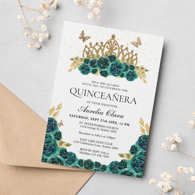 Invitation Elégant Glam Vert Floral Or Tiara Quinceanera (Créateur téléchargé)
