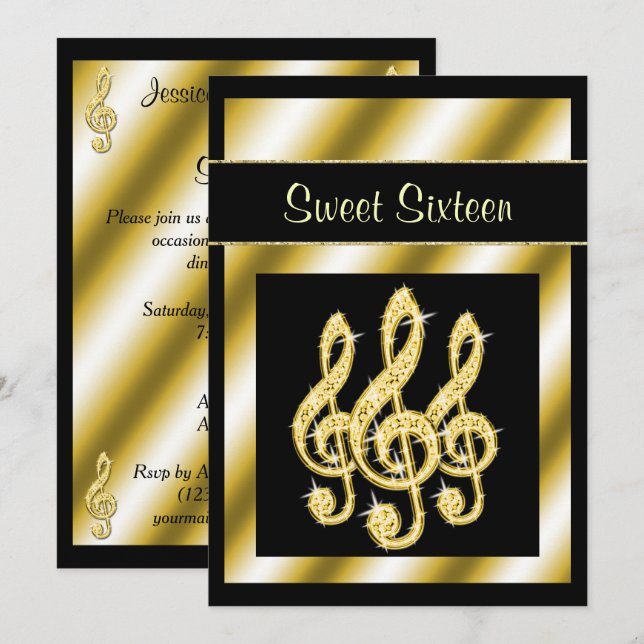 Invitation Élégant, Glamour Treble Clefs Dorés Sweet 16 (Devant / Derrière)