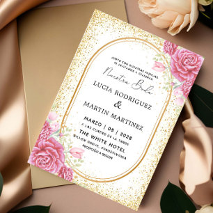 Invitation Elégant Gliter Floral Or espagnol Nuestra Boda
