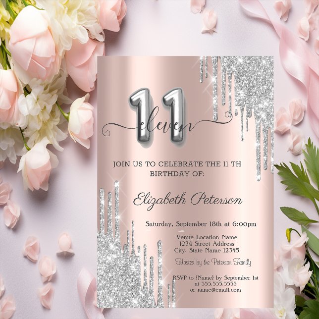 Invitation Elegant Glitter Argent Gouttes Rose Gold 11ème (Créateur téléchargé)
