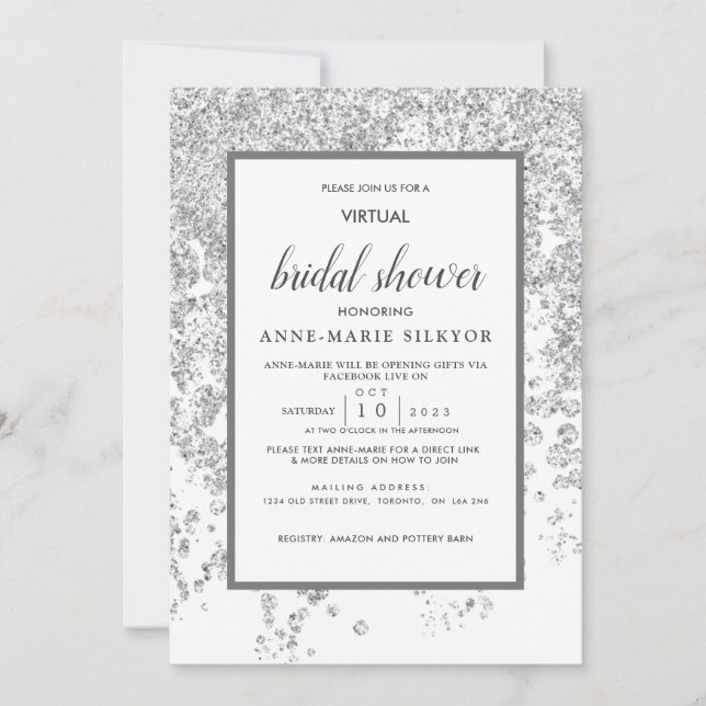 Invitation Élégant Glitter Argenté Mariage Virtuel Fête de Fi (Devant)