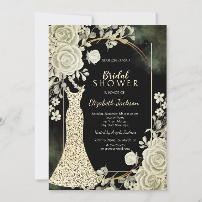Invitation Elegant Glitter Dress Roses Bridal Shower  (Devant)