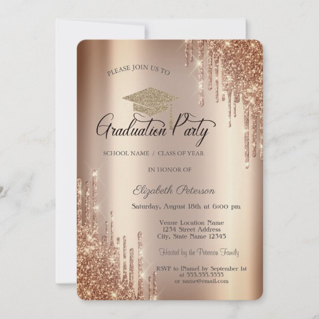 Invitation Elegant Glitter Drips,Casquette de remise de diplô (Devant)